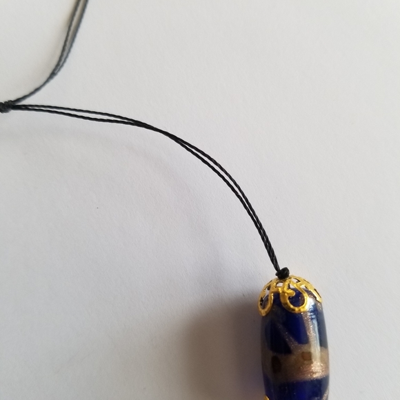 Handmade beaded bracelet cobalt blue art glass beads gold tone black cord - Picture 8 of 11